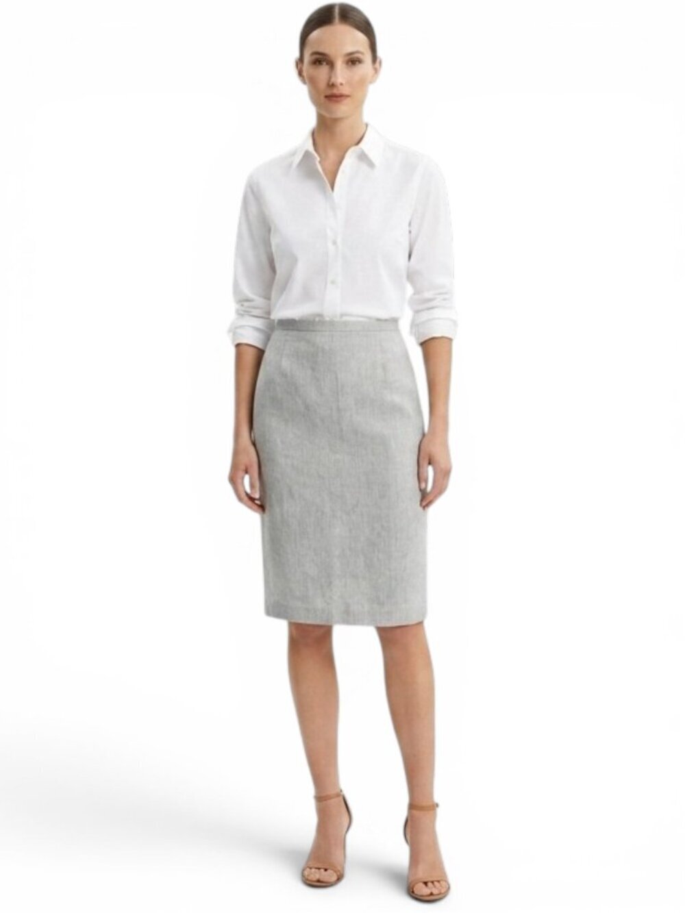 MaxMara Light Gray and White Herringbone Flax Linen Pencil Skirt NWT New 10